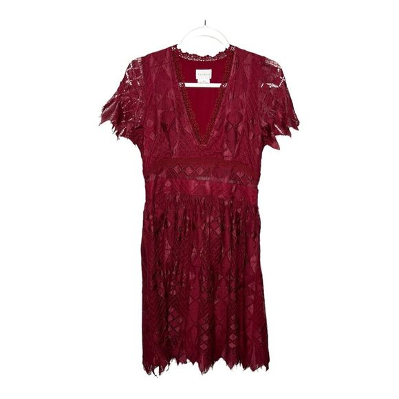 Anthropologie Foxidoe Dress Womens Medium Lace Burgundy Deep V Holiday Party - Picture 1 of 14